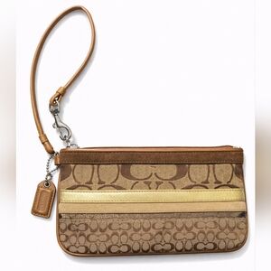 👜 Vintage Coach Signature Stripe Wristlet | Tan & Gold Canvas | Silver Hardware